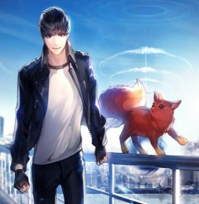 Han Yoojin walks determinedly towards the camera, smiling. The red and gold cat Peace walks along a railing beside him.